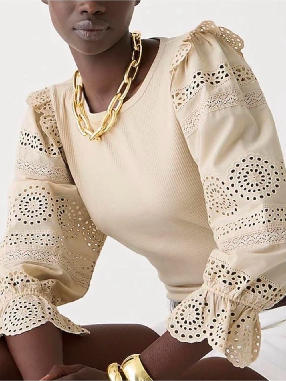 J. Crew | Ruffle-trim Eyelet Long Balloon Sleeve Top in Vintage Rib - XL - Picture 8 of 10